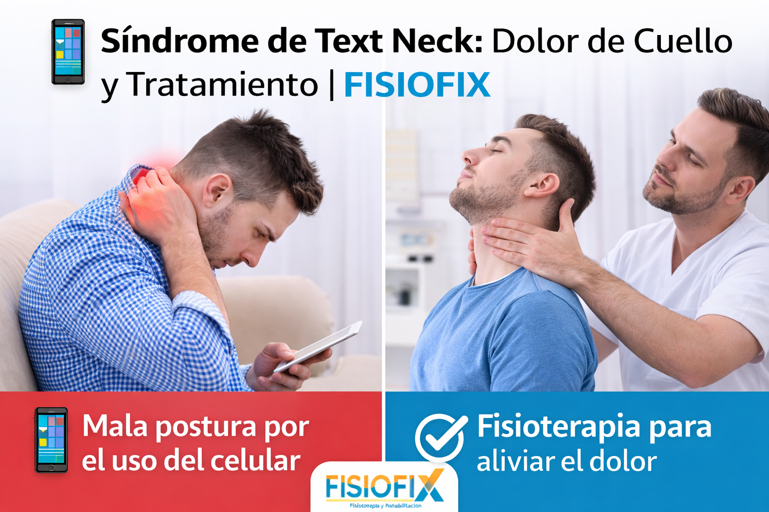 Paciente con síndrome de text neck por uso excesivo del celular y fisioterapia para aliviar el dolor cervical en FisioFix.
