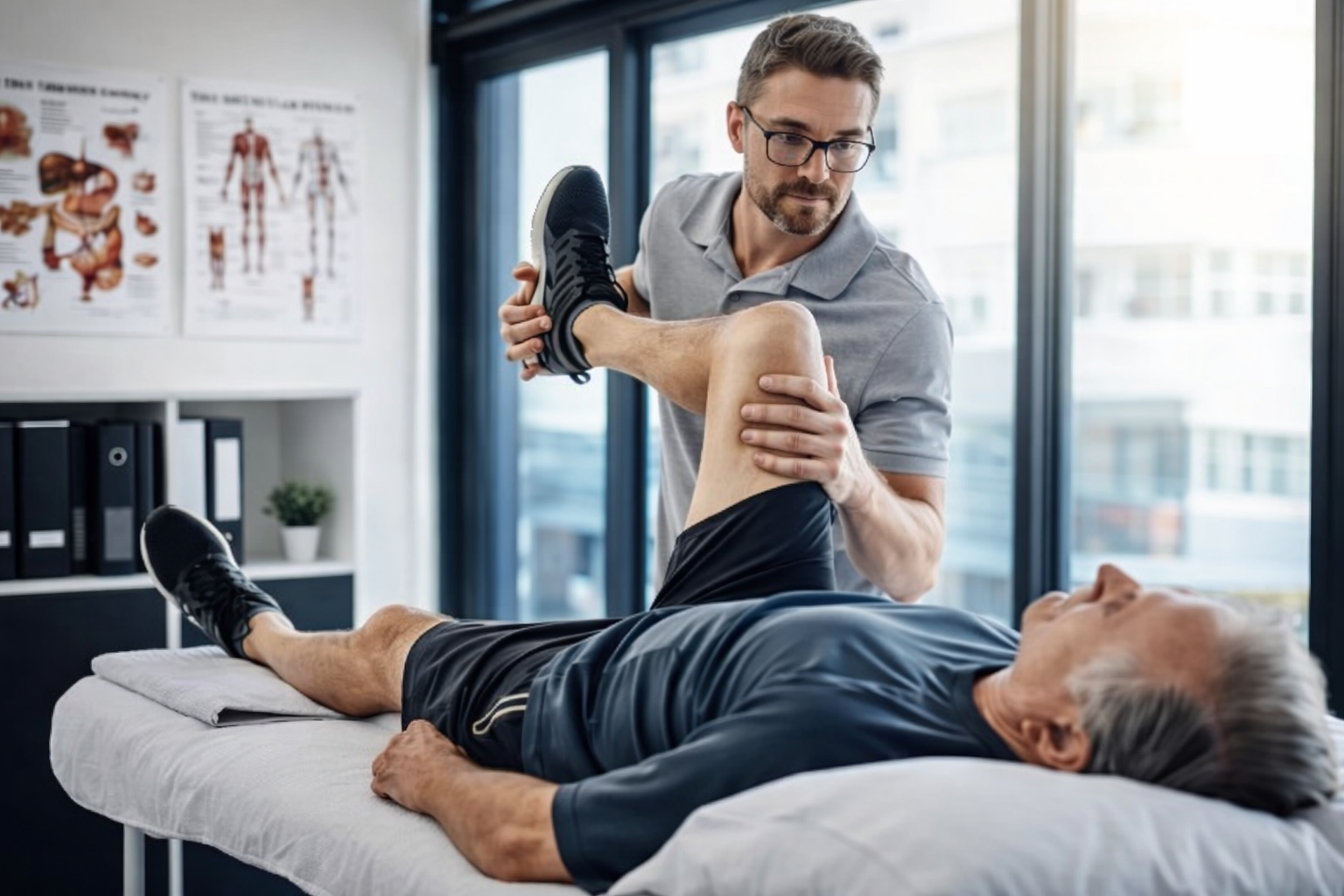 Fisioterapeuta realizando terapia de rodilla a paciente adulto en clínica de rehabilitación en Lima