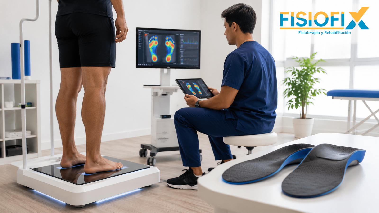 Especialista realizando análisis biomecánico del pie para plantillas computarizadas en Lima en FisioFix.
