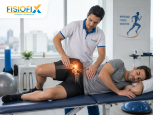 Especialista de FisioFix realizando fisioterapia para cadera en Lima a paciente con dolor y limitación de movimiento