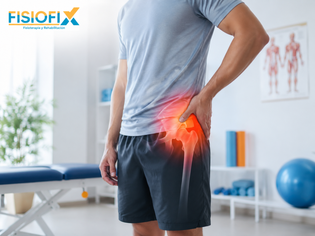 Paciente con dolor de cadera durante una evaluación de fisioterapia en FisioFix para mejorar movilidad y recuperación funcional.