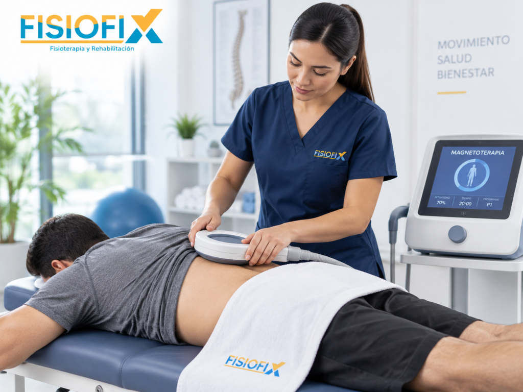 Fisioterapeuta aplicando tratamiento con magnetoterapia en Lima durante una sesión de rehabilitación en FisioFix