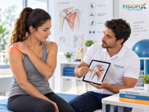 Paciente en consulta de fisioterapia recibiendo evaluación de hombro para identificar las causas de las lesiones de hombro en FisioFix.