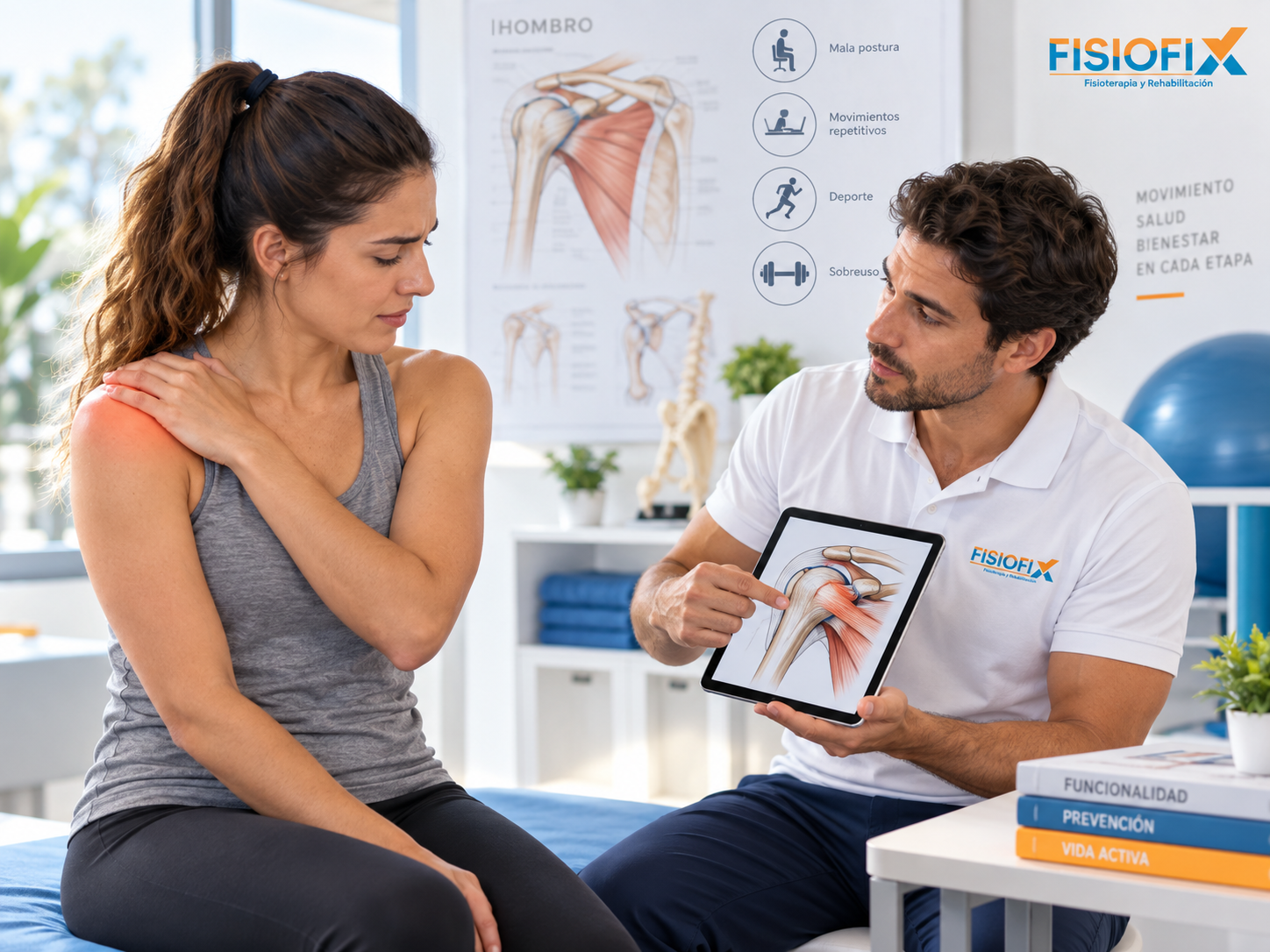 Paciente en consulta de fisioterapia recibiendo evaluación de hombro para identificar las causas de las lesiones de hombro en FisioFix.