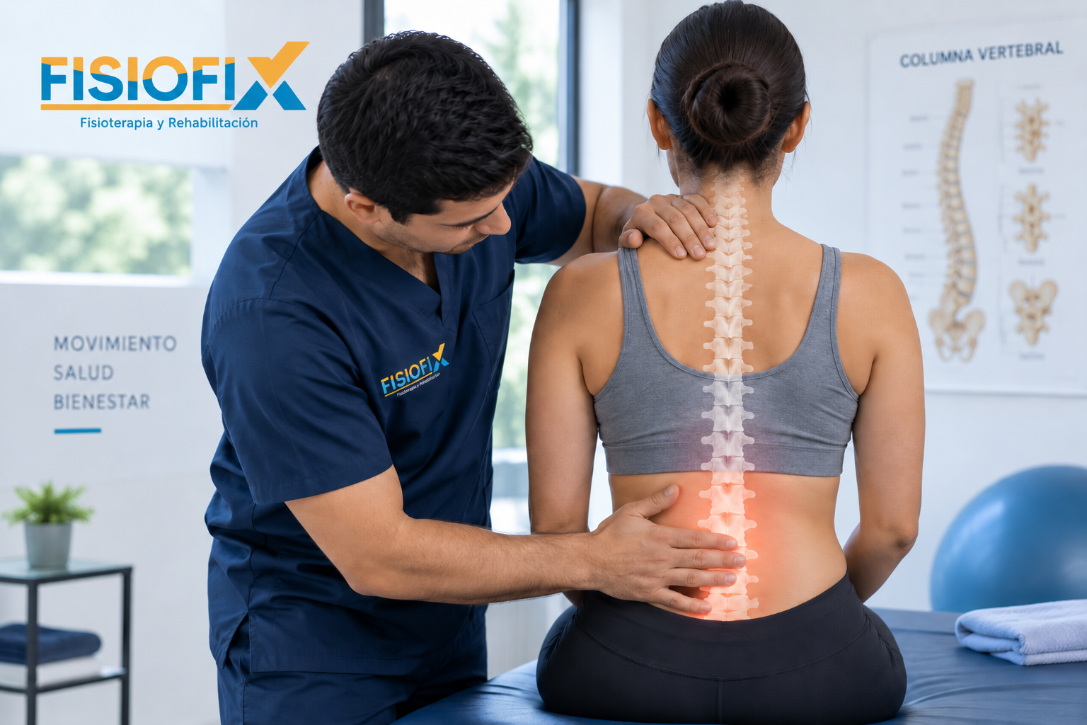 Fisioterapeuta evaluando síntomas de problemas en la columna durante una sesión de rehabilitación en FisioFix