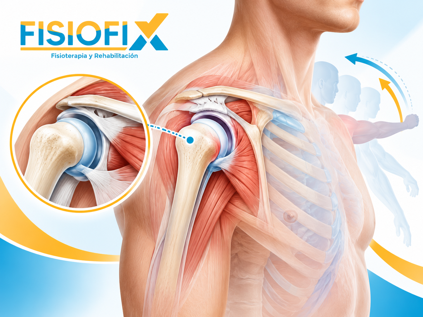 Rehabilitación después de una luxación de hombro con ilustración anatómica de la articulación – FisioFix