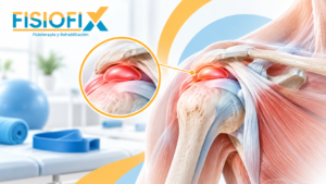 Fisioterapia para bursitis de hombro con ilustración anatómica de la bursa inflamada – FisioFix