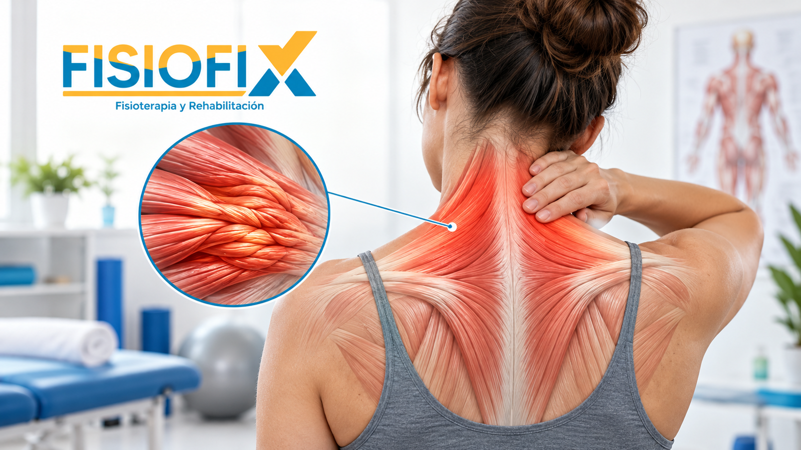 Fisioterapia para contractura muscular cervical con ilustración anatómica de tensión en cuello y espalda – FisioFix