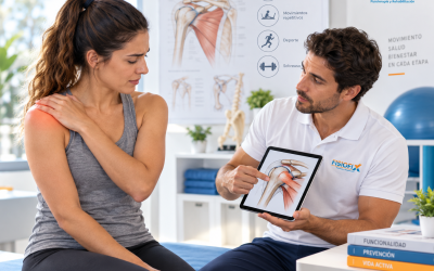 Paciente en consulta de fisioterapia recibiendo evaluación de hombro para identificar las causas de las lesiones de hombro en FisioFix.