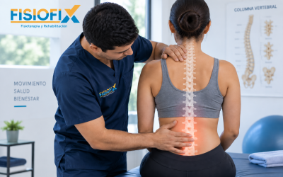 Fisioterapeuta evaluando síntomas de problemas en la columna durante una sesión de rehabilitación en FisioFix