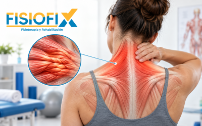 Fisioterapia para contractura muscular cervical con ilustración anatómica de tensión en cuello y espalda – FisioFix
